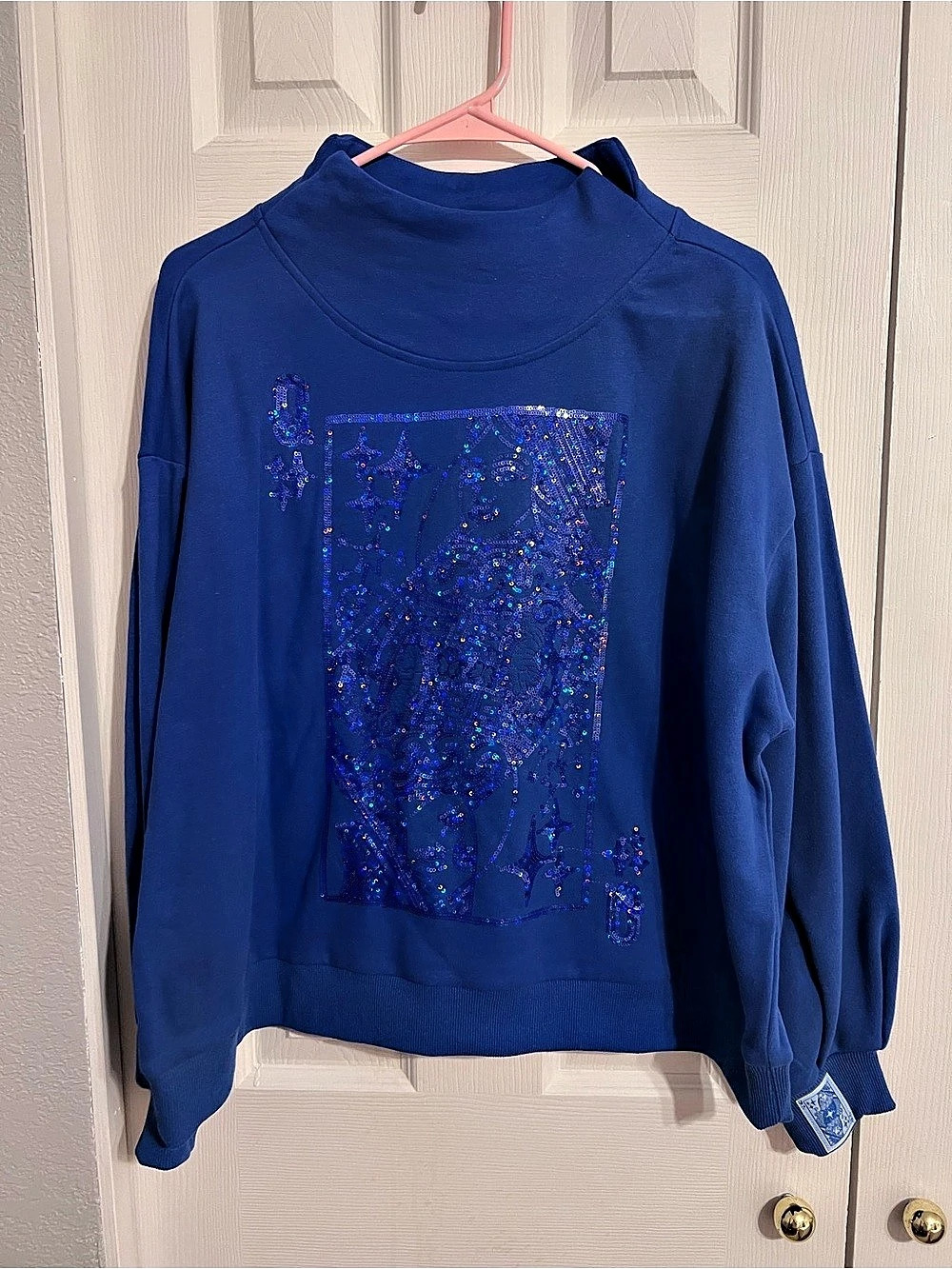 Queen of Sparkles Sequined card Graphic Sweatshirt in Blue Small brand new never